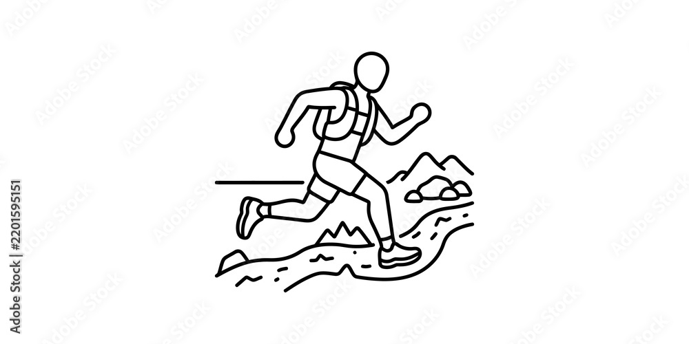 Obraz premium Trail runner with backpack navigating mountain terrain.