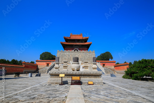 The ancient temple of the Qing Western Mausoleum, under the blue sky, is located in China