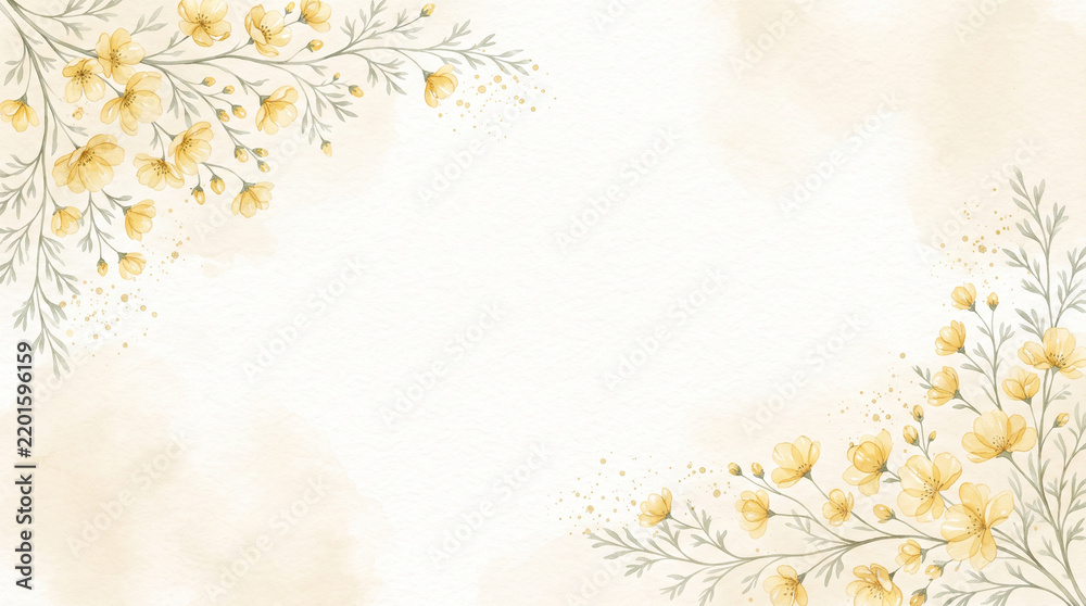 Obraz premium Watercolor floral frame with delicate yellow flowers and soft green branches, elegant botanical border design for wedding invitations and greeting cards