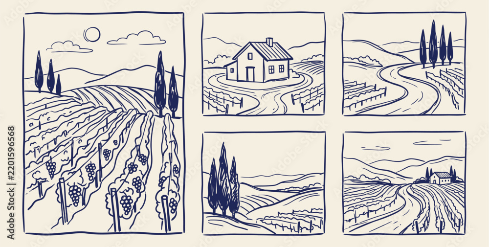 Obraz premium Tuscany vineyard landscape line art set with rural hills farmhouse cypress trees and grape fields sketch