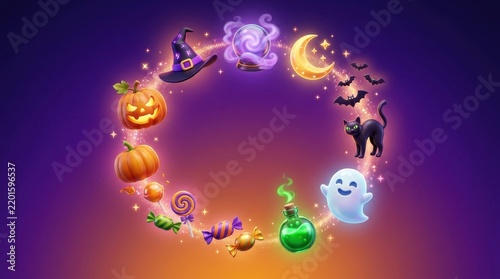 Halloween elements inside glowing circular frame, magical pumpkins ghosts black cats and candy, whimsical spooky seasonal celebration composition