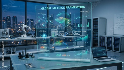 Futuristic laboratory workstation with digital holographic dashboard displaying global metrics and data analysis