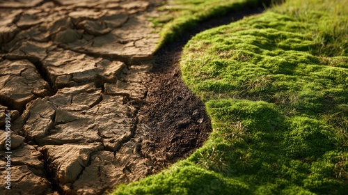 an outdoor scene where a dirt path cuts through a field of dried soil with patches of green moss growing. a small rivulet of water flows alongside the path, with wet muddy areas around it