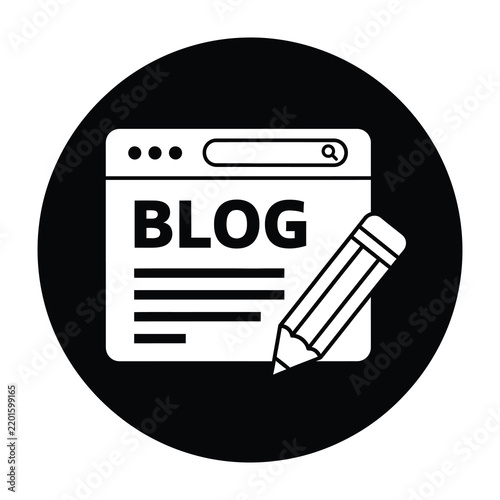 Blog post writing icon featuring a web page interface and a pencil for content