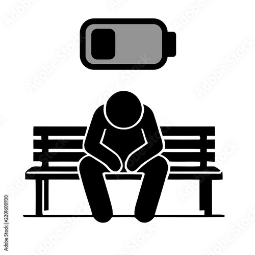 Tired Man Sitting On Bench With Low Battery Stick Figure Icon