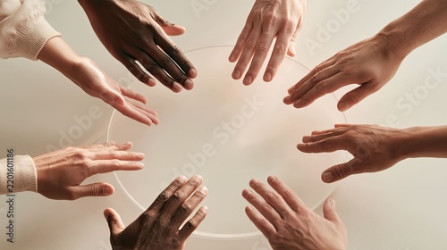 a group of hands reaching toward and touching a central object. the hands appear to be of various ages and backgrounds, and they seem to express an action such as washing or petting