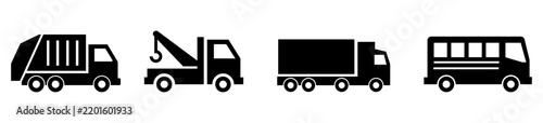 Heavy Transport Truck Icon Set – 4 Freight, Cargo, Tow Truck and Bus Silhouette Vector Symbols