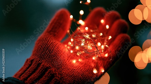 Close-Up of Red Mitten Holding Tangled Fairy Lights in Hand