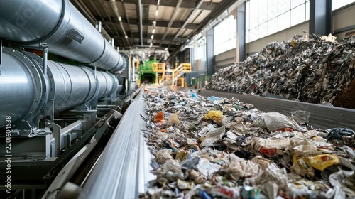 Waste management facility interior showcasing conveyor belt loaded with mixed refuse, recycling machinery, and industrial space for processing trash