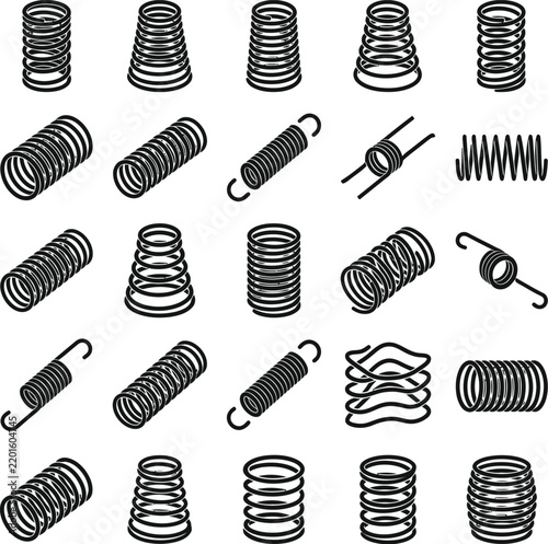 Collection of metal spring vector icons showing diverse industrial shapes and spiral hardware mechanical design components