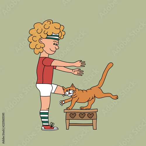 Young man and his ginger cat are doing exercises. Cartoon style. Vector illustration
