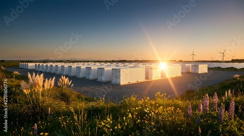 Large scale battery energy storage system facility at sunset with wind turbines in the background