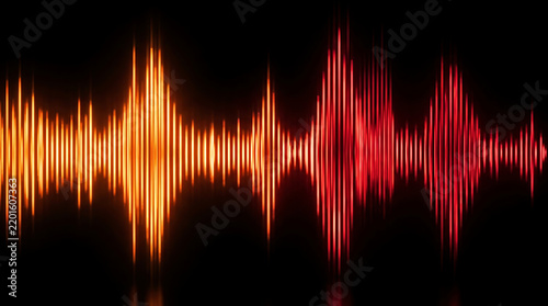 Abstract sound wave visualization with glowing orange and red vertical light bars on black background