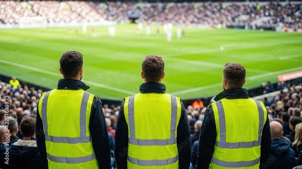 Obraz premium Security guards in high-visibility vests watching a professional soccer match in a crowded stadium.