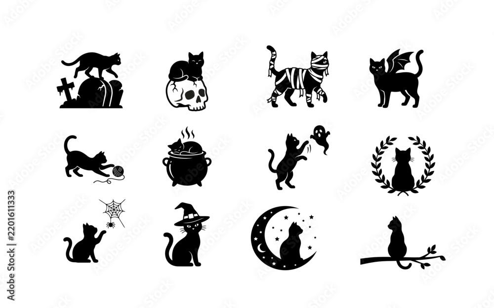 Obraz premium Set of black cat silhouettes for halloween featuring magical themes and mystical elements on a white background