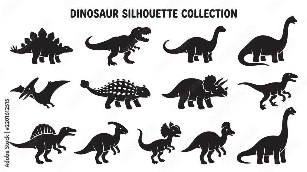 Obraz premium Black dinosaur silhouettes collection featuring various prehistoric extinct animals isolated on white