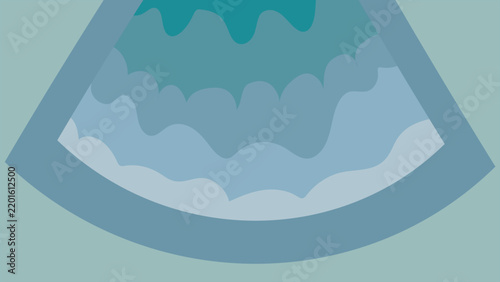 Abstract blue wavy background with layered fluid shapes in geometric arc frame