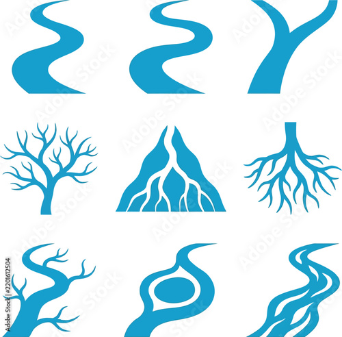 Blue river system vector icons set featuring various natural flow patterns and complex branching water shapes