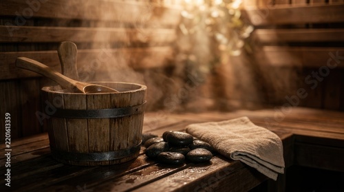 Wooden sauna bucket with ladle and stones for wellness spa.