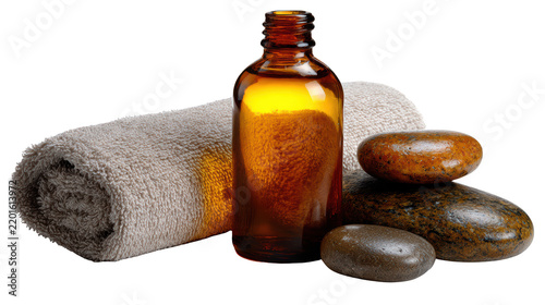Natural Spa Wellness Set with Amber Bottle, Towel and Smooth Stones