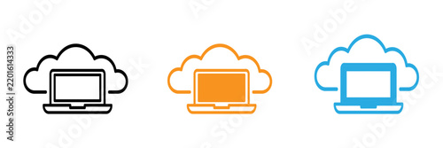 Cloud computing icon set featuring laptop and cloud combination in three colors