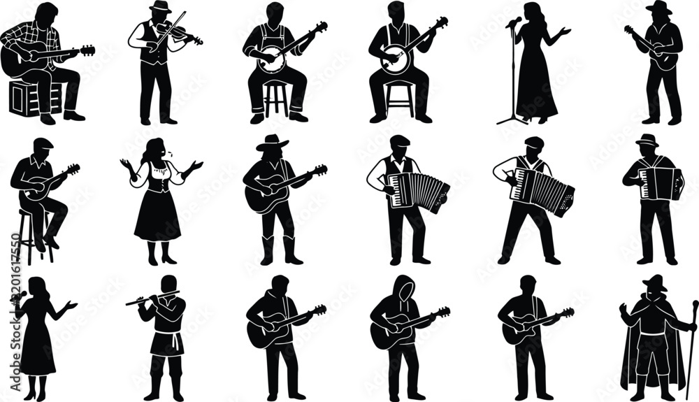 Fototapeta premium Collection of musician silhouettes playing various instruments including guitars, accordions, and flutes isolated on a white background