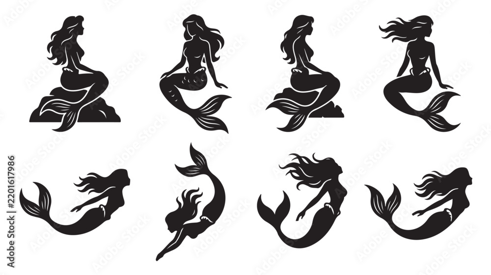 Obraz premium Black mermaid silhouettes collection sitting and swimming in graceful poses