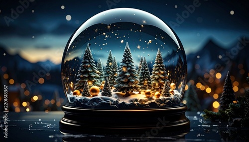 snow globe on a black background and Christmas trees in the glob generated by AI tool season