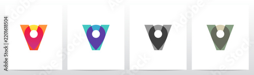 Modern sleek map location pin transparent overlay on bold initial letter V