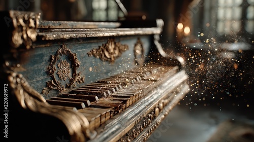 A detailed close-up of an ornate grand piano with gold accents and sparkling dust