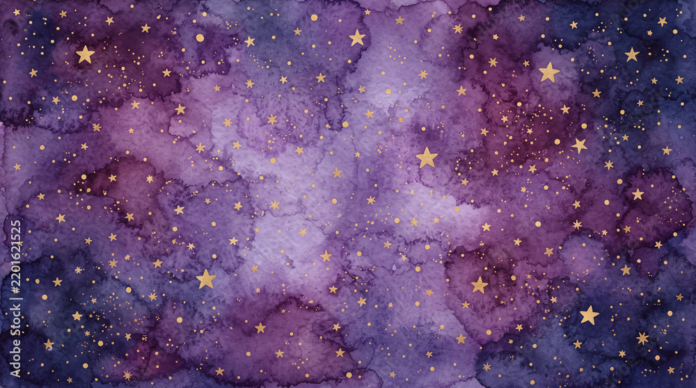 Fototapeta premium Abstract watercolor galaxy background with golden stars, purple and blue cosmic nebula texture for artistic design projects