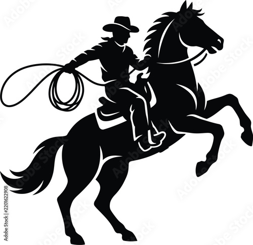 Cowboy silhouette riding a rearing horse while holding a rope in this detailed vector graphic illustration