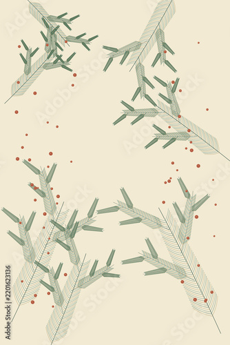 Winter branches and red berries frame an ivory background