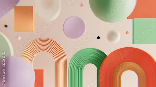 of soft cubes, spheres, arches, and ribbons floating together, harmonious pastel palette, whimsical contemporary background