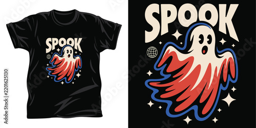 Cartoon ghost with spook text stars and globe elements in red blue white colors for clothing design.