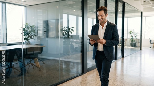 Young Smiling Businessman Holding Digital Tablet in Modern Office Corridor
