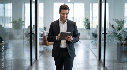 Young Smiling Businessman Holding Digital Tablet in Modern Office Corridor