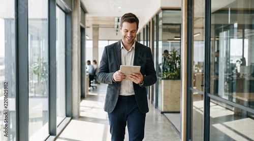 Young Smiling Businessman Holding Digital Tablet in Modern Office Corridor