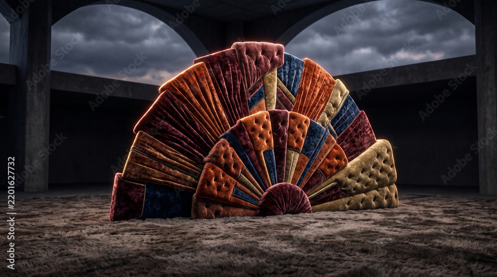 Fototapeta premium a large, fan-shaped sculptural installation made of colorful tufted, quilted, and tufted-velvet segments resembling an oversized folding fan set against a dark architectural and cloudy sky backdrop. 