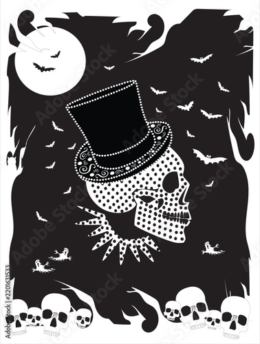 Happy Halloween background black and white color. Spooky Skull with Top Hat Illustration. A high-contrast black and white illustration featuring a central skull wearing a polka-dotted top hat and a ru