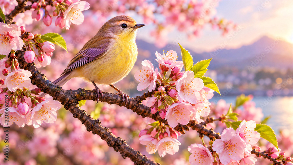 Obraz premium Small bird perched on blooming cherry blossom tree branch in spring