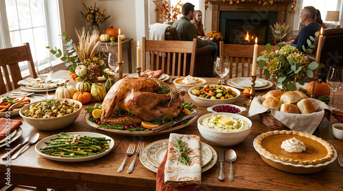 A heartwarming thanksgiving feast is beautifully displayed on a long wooden table complete with a roasted turkey side dishes and family gathered to celebrate gratitude