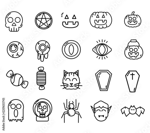 A comprehensive collection of twenty black and white outline icons featuring classic Halloween elements like pumpkins, skulls, spiders, and ghosts for creative holiday projects.