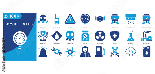 pressure meter icon set of gas mask, gas detector,
danger, meter, mask, respirator, smoke detector,
respirator mask, protection, flammable, full face, poison,
pressure meter, radiation, safety
