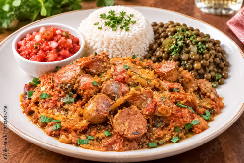 Rougail saucisses avec riz et lentilles 