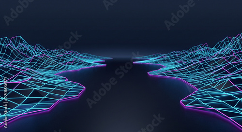 Abstract Cyberpunk Neon Wireframe Low Poly Topographic Terrain Background