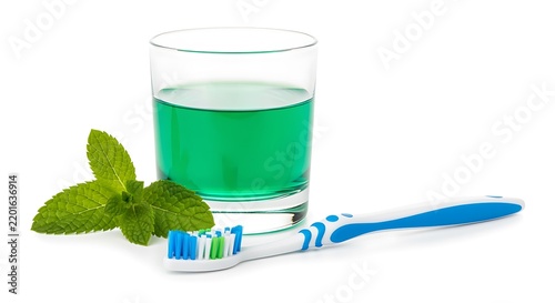 Fresh Mint Leaves Green Mouthwash and Toothbrush for Dental Care