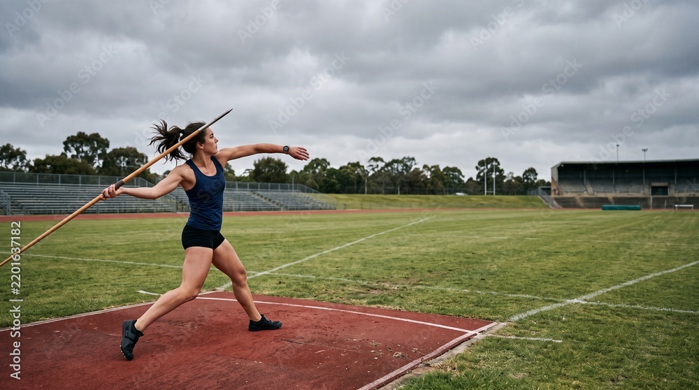 Obraz premium Female athlete in action throwing a javelin during a track and field competition on a cloudy day
