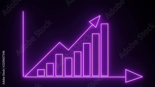 Growing bar graph animation with upward trend in neon purple light against black background