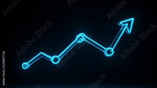 Growing blue neon line graph with upward trend during dark night with subtle glow